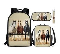 NETILGEN Lot de 4 sacs à dos pour enfant comprenant un sac à bandoulière, un sac à déjeuner, un trousseau à crayons, un porte-clés, fournitures scolaires, Cheval Beige, Taille unique, Sacs à dos de