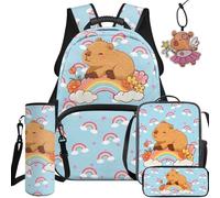 NETILGEN Lot de 5 sacs à dos d'école pour enfants avec sac à déjeuner, trousse, bouteille, porte-clés, Adorable Capybara, L, Décontracté