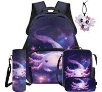 NETILGEN Lot de 5 sacs à dos d'école pour enfants avec sac à déjeuner, trousse, bouteille, porte-clés, Axolotl violet, L, Décontracté