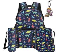 NETILGEN Lot de 5 sacs à dos d'école pour enfants avec sac à déjeuner, trousse, bouteille, porte-clés, Dinosaure de dessin animé., L, Décontracté
