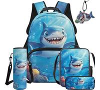 NETILGEN Lot de 5 sacs à dos d'école pour enfants avec sac à déjeuner, trousse, bouteille, porte-clés, Requin bleu, L, Décontracté