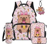 NETILGEN Lot de 5 sacs à dos d'école pour enfants avec sac à déjeuner, trousse, bouteille, porte-clés, Rose Capybara, L, Décontracté