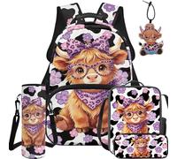 NETILGEN Lot de 5 sacs à dos d'école pour enfants avec sac à déjeuner, trousse, bouteille, porte-clés, Vache Highland Violet, L, Décontracté