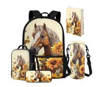 NETILGEN Lot de 5 sacs à dos pour garçons de 8 à 12 ans avec boîte à déjeuner, trousse à crayons, porte-bouteille d'eau, housse de livre, cartable pour enfants de 43,2 cm, Cheval tournesol., Sac à dos