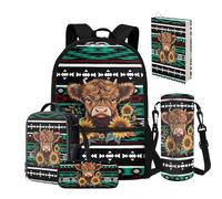 NETILGEN Lot de 5 sacs à dos pour garçons de 8 à 12 ans avec boîte à déjeuner, trousse à crayons, porte-bouteille d'eau, housse de livre, cartable pour enfants de 43,2 cm, Bovins aztèques Tournesol