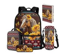 NETILGEN Lot de 5 sacs à dos pour garçons de 8 à 12 ans avec boîte à déjeuner, trousse à crayons, porte-bouteille d'eau, housse de livre, cartable pour enfants de 43,2 cm, Cheval de tournesol aztèque