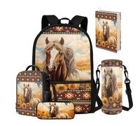 NETILGEN Lot de 5 sacs à dos pour garçons de 8 à 12 ans avec boîte à déjeuner, trousse à crayons, porte-bouteille d'eau, housse de livre, cartable pour enfants de 43,2 cm, Cheval tournesol indigène