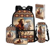 NETILGEN Lot de 5 sacs à dos pour garçons de 8 à 12 ans avec boîte à déjeuner, trousse à crayons, porte-bouteille d'eau, housse de livre, cartable pour enfants de 43,2 cm, Cheval aztèque, Sac à dos