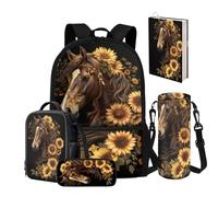 NETILGEN Lot de 5 sacs à dos pour garçons de 8 à 12 ans avec boîte à déjeuner, trousse à crayons, porte-bouteille d'eau, housse de livre, cartable pour enfants de 43,2 cm, Dreamcather Cheval tournesol