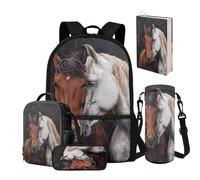NETILGEN Lot de 5 sacs à dos pour garçons de 8 à 12 ans avec boîte à déjeuner, trousse à crayons, porte-bouteille d'eau, housse de livre, cartable pour enfants de 43,2 cm, Couple Cheval, Sac à dos