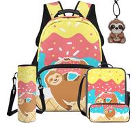 NETILGEN Lot de 5 sacs d'école pour enfants avec sac à dos, sac à déjeuner, trousse, pochette pour bouteille et pendentif en cuir, Donuts Paresseux, L, Décontracté