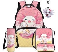 NETILGEN Lot de 5 sacs d'école pour enfants avec sac à dos, sac à déjeuner, trousse, pochette pour bouteille et pendentif en cuir, Axolotl de crème glacée, L, Décontracté