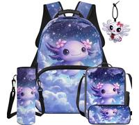 NETILGEN Lot de 5 sacs d'école pour enfants avec sac à dos, sac à déjeuner, trousse, pochette pour bouteille et pendentif en cuir, Axolotl violet, L, Décontracté