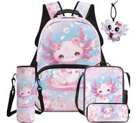 NETILGEN Lot de 5 sacs d'école pour enfants avec sac à dos, sac à déjeuner, trousse, pochette pour bouteille et pendentif en cuir, Axolotl rose, L, Décontracté