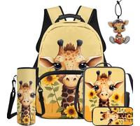 NETILGEN Lot de 5 sacs d'école pour enfants avec sac à dos, sac à déjeuner, trousse, pochette pour bouteille et pendentif en cuir, girafe, L, Décontracté