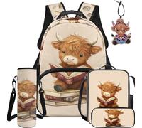 NETILGEN Lot de 5 sacs d'école pour enfants avec sac à dos, sac à déjeuner, trousse, pochette pour bouteille et pendentif en cuir, Jolie vache Highland, L, Décontracté