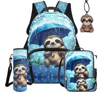 NETILGEN Lot de 5 sacs d'école pour enfants avec sac à dos, sac à déjeuner, trousse, pochette pour bouteille et pendentif en cuir, Paresseux, L, Décontracté