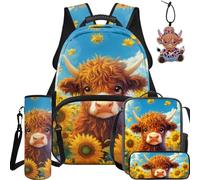 NETILGEN Lot de 5 sacs d'école pour enfants avec sac à dos, sac à déjeuner, trousse, pochette pour bouteille et pendentif en cuir, Vache Highland, L, Décontracté