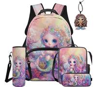 NETILGEN Lot de 5 sacs d'école pour enfants avec sac à dos, sac à déjeuner, trousse, pochette pour bouteille et pendentif en cuir, Écailles de poisson., L, Décontracté