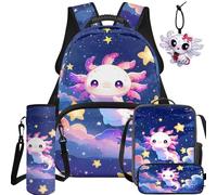 NETILGEN Lot de 5 sacs d'école pour enfants avec sac à dos, sac à déjeuner, trousse, pochette pour bouteille et pendentif en cuir, Galaxy Axolotl, L, Décontracté