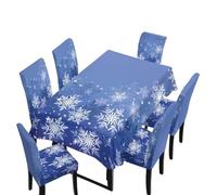 NETILGEN Lot de 7 housses de table et chaises de salle à manger sur le thème de Noël, motif flocon de neige bleu, nappe amovible et lavable pour chaises de salle à manger