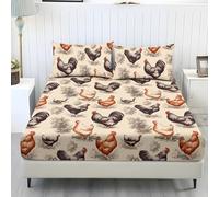 NETILGEN Parure de lit 3 pièces avec poches profondes - Drap-housse doux, infroissable et confortable - Imprimé coq de ferme rétro - 152,4 x 203,2 cm - Avec ourlet élastique et 2 housses d'oreiller