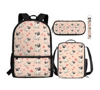 NETILGEN Sac à dos 4 en 1 pour enfants comprenant un sac d'école, un sac à déjeuner isotherme, une trousse à crayons, un porte-clés, un sac à dos tendance, Carlin Love Rose, Taille unique, Sacs à dos