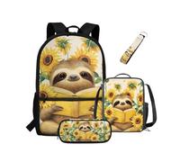 NETILGEN Sac à dos 4 pièces Scool Bookbag avec boîte à déjeuner, trousse à crayons, porte-clés pour enfants primaires, Paresseux animal tournesol, Sac à dos enfant