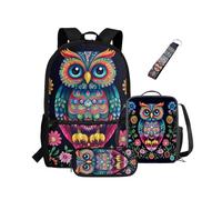 NETILGEN Sac à dos 4 pièces Scool Bookbag avec boîte à déjeuner, trousse à crayons, porte-clés pour enfants primaires, Chouette animale., Sac à dos enfant