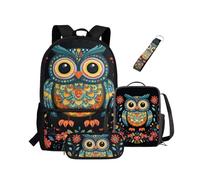 NETILGEN Sac à dos 4 pièces Scool Bookbag avec boîte à déjeuner, trousse à crayons, porte-clés pour enfants primaires, chouette, Sac à dos enfant