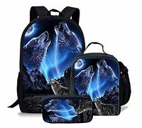 NETILGEN Sac à Dos Imprimé Loup Hurlant Sacs D'école Lot De 3, Sac à Dos pour Enfants Loup Animal,Sac à Lunch pour,Boîte Isotherme,Contenants De Nourriture,Porte-Petite Pochette De Rangement