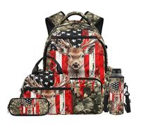 NETILGEN Sac à dos pour enfants avec sac à déjeuner isotherme, trousse à crayons, pochette pour bouteille pour élèves du primaire, Drapeau américain camouflage cerf, L, Décontracté
