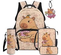 NETILGEN Sac à dos pour enfants d'âge préscolaire pour garçons et filles avec sac à déjeuner, trousse à crayons, manchon pour bouteille et pendentif décoratif, Capybara Donuts, L, Décontracté