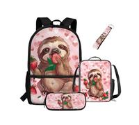 NETILGEN Sac à dos pour filles enfants sac à livres avec isolation thermique, boîte à déjeuner, trousse à crayons, porte-clés 4 pièces avec compartiments, Paresseux fraise, Sac à dos enfant