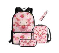 NETILGEN Sac à dos pour filles enfants sac à livres avec isolation thermique, boîte à déjeuner, trousse à crayons, porte-clés 4 pièces avec compartiments, Axolotl aux fraises, Sac à dos enfant