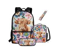 NETILGEN Sac à dos pour filles enfants sac à livres avec isolation thermique, boîte à déjeuner, trousse à crayons, porte-clés 4 pièces avec compartiments, Boho Floral Blossoms Vache, Sac à dos enfant