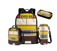 NETILGEN Sac à dos pour garçons de 10 à 12 ans avec boîte à déjeuner isotherme, trousse à crayons, pochette pour bouteille d'eau, sac d'école préscolaire 6-8 ans, Bus scolaire., Sac à dos d'école