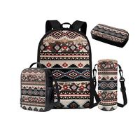 NETILGEN Sac à dos pour garçons de 10 à 12 ans avec boîte à déjeuner isotherme, trousse à crayons, pochette pour bouteille d'eau, sac d'école préscolaire 6-8 ans, Navajo indigène du sud-ouest, Sac à