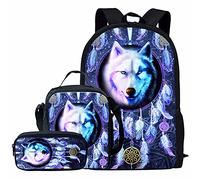 NETILGEN Sac à Lunch Gym Yoga Imprimé Attrapeur de rêves Loup Blanc,Sac De Livre pour Décontracté pour Enfants Filles Garçons Femmes,Organisateur De Rangement pour Adolescents Collège Ensemble De 3