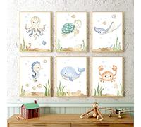 NETIVA Art Mural Nordique Nautique Océan Animal Pépinière Imprime Dessin Animé Tortue De Mer Affiche Aquarelle Animal Marin Art Toile Peinture Chambre D'enfant Décoration Murale30X40Cmx6 Sans Cadre
