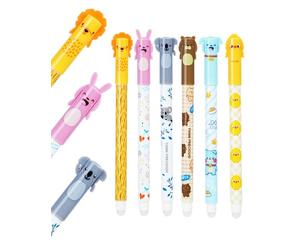 NETONDA 6x Stylo Effacables Crayon Animaux Erasable Gel Pens gomme Stylos gel effaçables Stylos à encre thermosensible noir, Pointe de 0,5 mm, Lapin, koala, éléphant, ours,lion,poussin