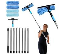 Nettoyeur de vitres professionnel 2 en 1 de 3,2 m avec manche télescopique, avec raclette en silicone (25 cm), chiffon en microfibre chenille, kit de nettoyage pour salle de bain, douche, mur en verre