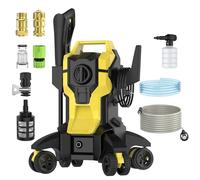 Nettoyeur Haute Pression, 150 Bar, Pression d'eau de 2400 PSI, Débit de 420L/h, IPX5, Pouvoir 2000 W, avec Tuyau Haute Pression 10 M, 4 Buse Réglable de 0 à 160°, Roue Universelle, Pot en Mousse (A)
