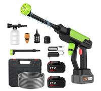 Nettoyeur Haute Pression Buse 6 en 1, 30Bar Nettoyeur Haute Pression sans Fil avec 2 Batteries 6000mAh, Pistolet Haute Pression avec Tuyau 5 M, Pulvérisateur de Mousse, pour Jardin et Voiture (Vert)