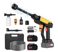 Nettoyeur Haute Pression Buse 6 en 1, 60Bar Nettoyeur Haute Pression sans Fil avec 2 Batteries de 3,0Ah, Pistolet Haute Pression avec Tuyau 5 M, Pulvérisateur de Mousse, pour Jardin et Voiture (Jaune)