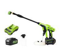 Nettoyeur haute pression Greenworks a Akku G24PWK4 (moteur Lithium-Ion de de 24V et 300 W de puissance, pression 24 Bar et débit 180 l/h, buse à 5 fonctions et tuyau de 6 m avec batterie de 4 Ah et ch