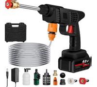 Nettoyeur Haute Pression, Pistolet Haute Pression sans Fil 50Bar, Nettoyeur Haute Pression sur 1 Batterie, Chargeur et Tuyau de 5M, pour Lavage et Arrosage de Voiture (20000mah)