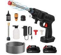 Nettoyeur Haute Pression sans Fil 200W, Batterie au Lithium 21V 1200mAh*5, équipé de Deux Batteries, Tuyau 5M et pulvérisateur de Mousse pour Voiture, Maison, Garage, extérieur (2 Batterie)