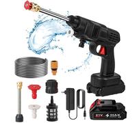Nettoyeur Haute Pression sans Fil 200W, Batterie au Lithium 21V 1200mAh*5, équipé de Deux Batteries, Tuyau 5M et pulvérisateur de Mousse pour Voiture, Maison, Garage, extérieur (1 Batterie)