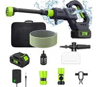 Nettoyeur Haute Pression sans Fil 21V, 200Bar Pistolet Haute Pression sur Batterie with Nozzle, Bus 6 en 1+Seau à Mousse, Tuyau 5m,High Pressure Gun for Washing and Watering (2 Batterie)